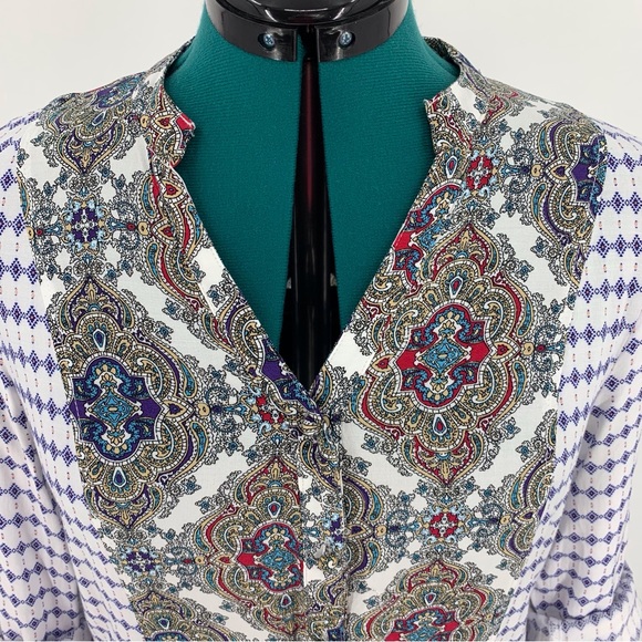 Kori Paisley Accent Boho Rolled Sleeve Button Down V-Neck Blouse, Medium - Picture 2 of 16